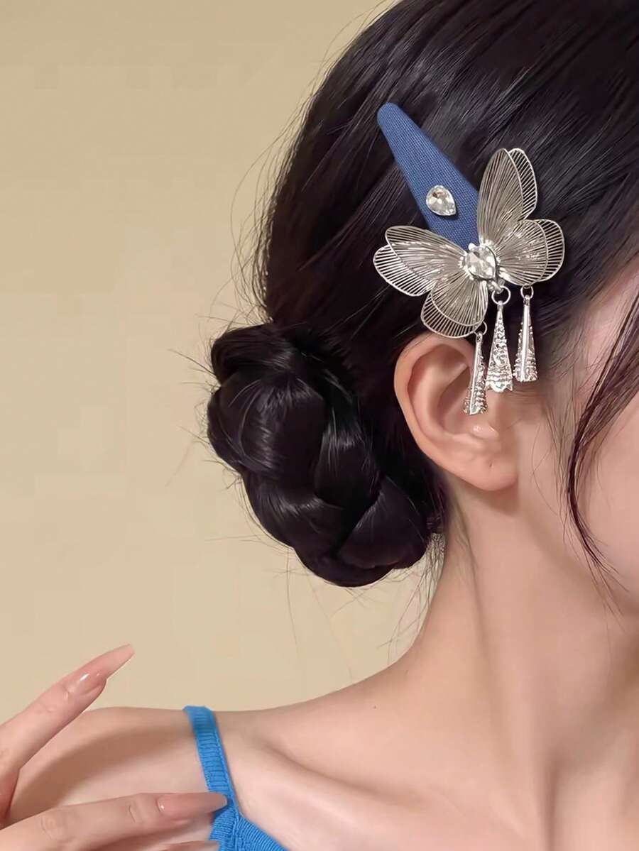 1PC Denim Blue Butterfly Tassel Hair Clip Rhinestone Decor Metal Butterfly Barrettes Vintage Daily Bun Wedding Party Women Hair Accessory - Blue - View 1