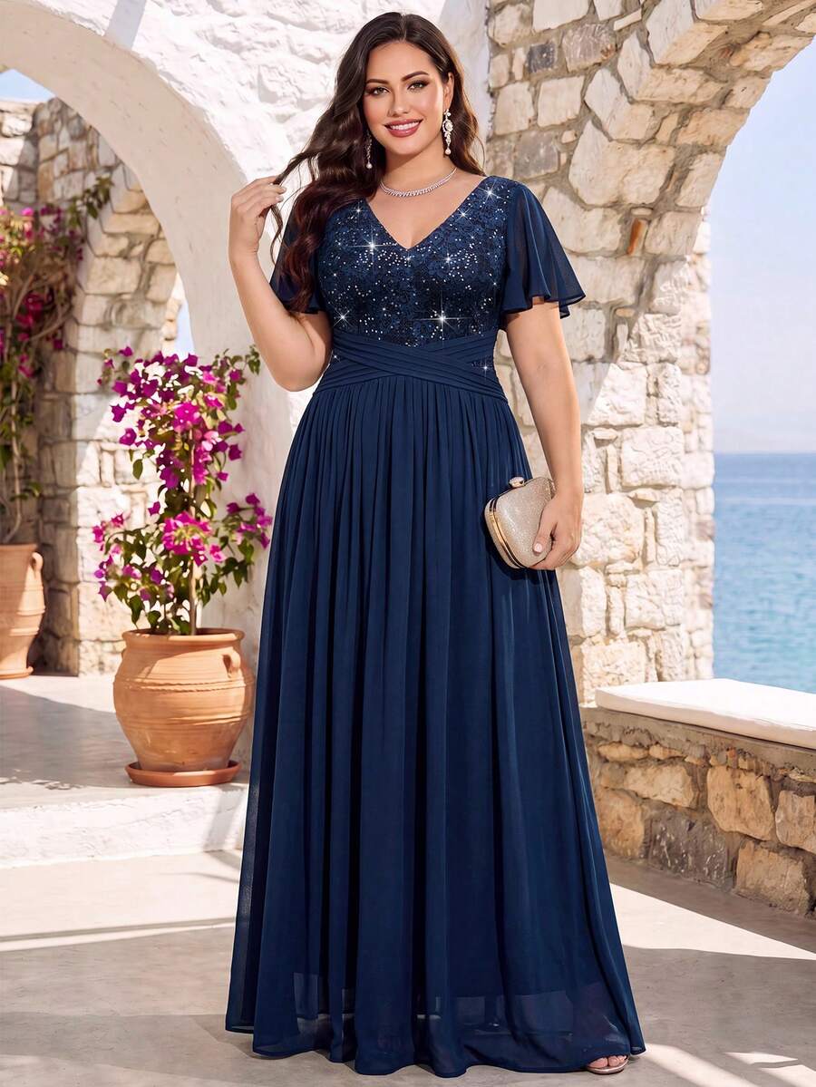 Plus Size V-Neck Sequin Floral Lace Butterfly Sleeve Contrast Color Ruched Waist Gathered Chiffon Hem Evening Long Dress Elegant Summer - Navy Blue - View 1