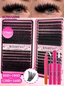 Kit d'extension de cils DIY 576 grappes 150D en fausse vison (boucle D), crée un effet de cils russes volumineux et pointus; le kit comprend de la colle à cils et du liquide de fixation, des pinces, parfait pour les fêtes, les mariages, Halloween, Noël et le port quotidien. - Multicolore - Voir 2