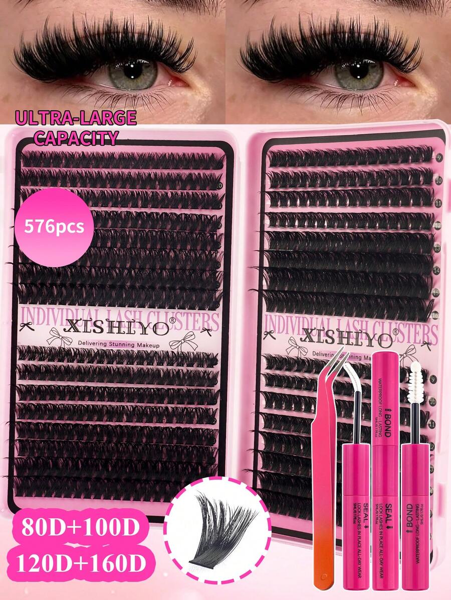 Kit d'extension de cils DIY 576 grappes 150D en fausse vison (boucle D), crée un effet de cils russes volumineux et pointus; le kit comprend de la colle à cils et du liquide de fixation, des pinces, parfait pour les fêtes, les mariages, Halloween, Noël et le port quotidien.