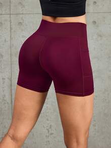 1pc Fashion New Wide Waistband Non-Curling Shaping Sports Shorts, With Phone Storage Pocket, Soft Elastic Fabric, Gym Training, Daily Wear Tight Leggings - Burgundy - View 4