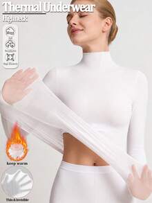 女款高領無縫保暖長袖內搭上衣，圓領修身高彈性秋冬疊穿襯衫 - 白色 - 查看 7