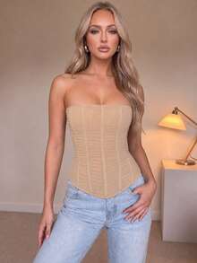 Apperloth A Vintage Mesh Semi-Sheer Strapless Corset Top, Back Lace-Up, Suitable For Country Music Concerts, Summer Vacations And Other Occasions - Apricot - View 7