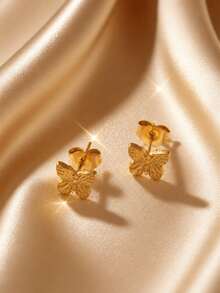 VceTd 1 Pair Mini Cute Style 3D Butterfly Design Stainless Steel Stud Earrings For Women, Suitable For Daily Wear - Yellow Gold - View 3