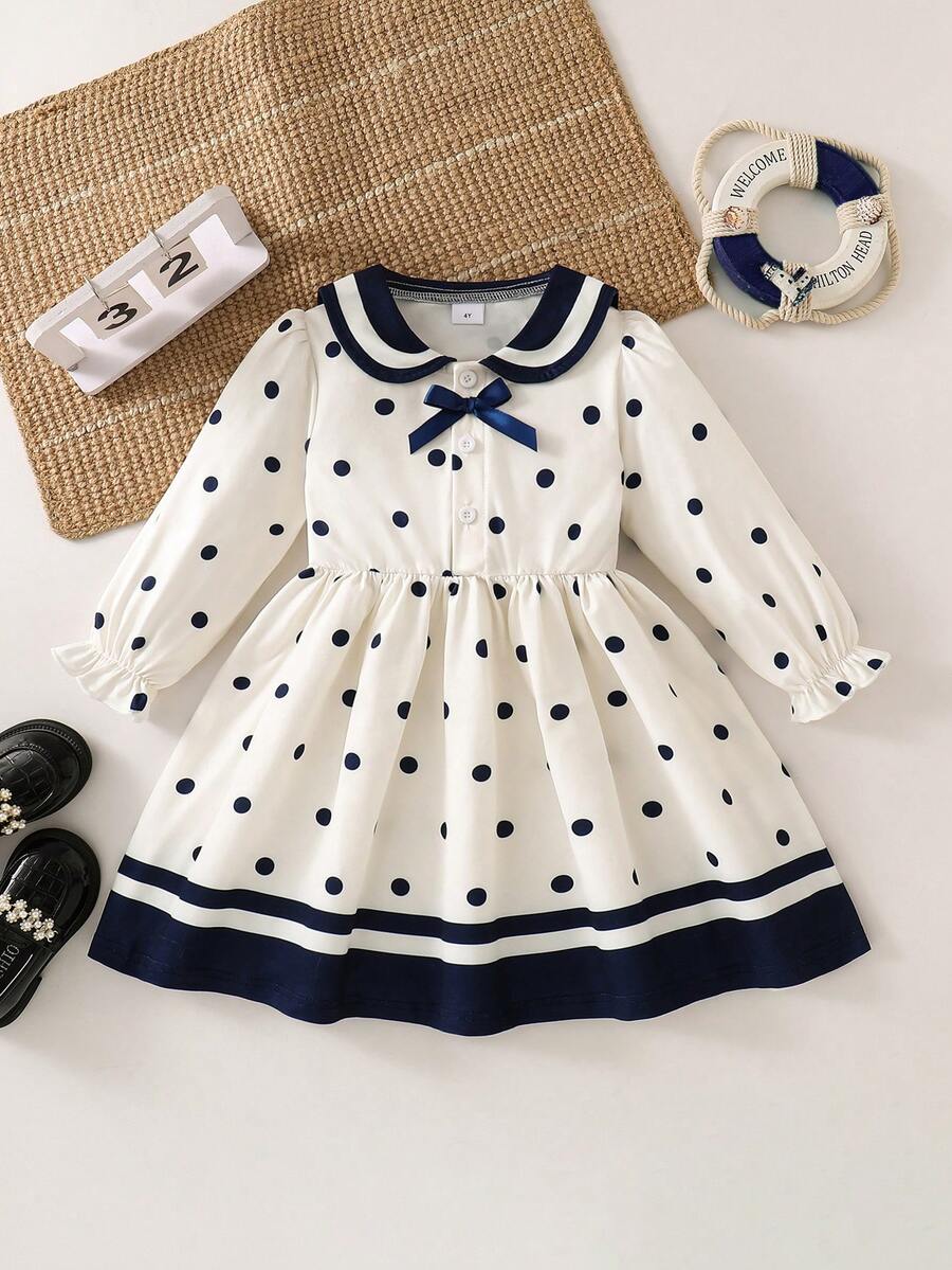 Young Girl Preppy Polka Dot Dress, Collared Bow Elastic Waist Long Sleeve Versatile Dress For Back To School, Spring Autumn Winter - Black and White - View 1