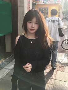 秋季新款鏤空露肩繫帶蝴蝶結設計長袖針織罩衫 寬鬆顯瘦上衣 黑色 - 黑色 - 查看 2