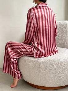 2pcs/Set Women's All-Season Vertical Striped Satin Pajama Set, Deep V-Neck Lapel Long Sleeve Loose Wide Leg Loungewear Set - Hot Pink - View 2