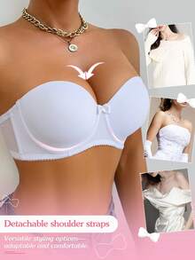 Women's Bandeau Push-Up Bra, Comfortable Breathable Detachable Transparent Shoulder Straps, Underwire Support, Cute Bow Decor - White - View 2