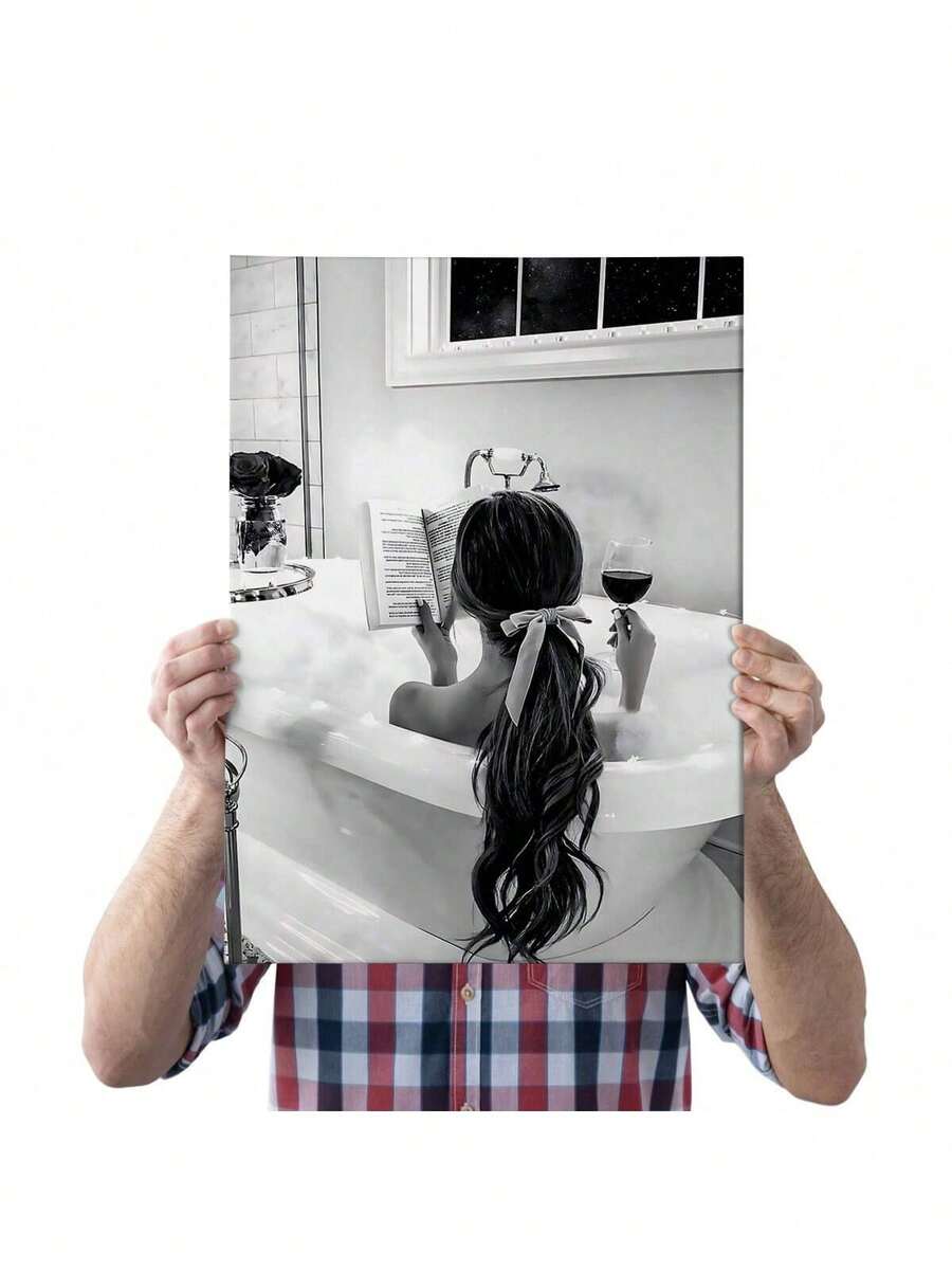 1 pièce Affiche murale thème alcool, représentant une femme buvant et lisant dans une baignoire, décoration de bar noir et blanc, décoration de salle de bain pour fille, impression sur canevas, art mural sur canevas, affiche de chambre, décoration de maison, décoration de chambre esthétique, fournitures de décoration de chambre. Cadre en option, décoration de chambre