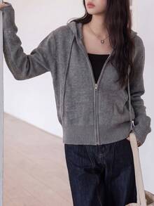 Women's Autumn/Winter Minimalist Hooded Cardigan Sweater Jacket - Grey - View 3