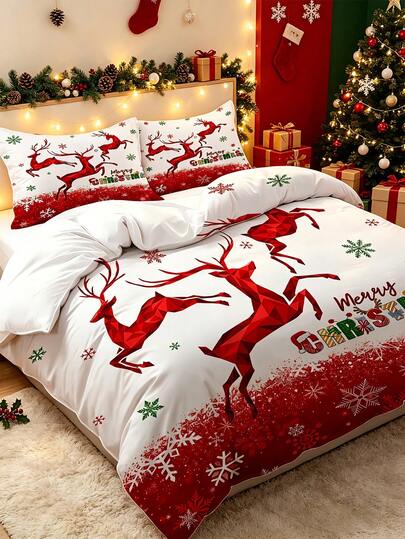 3-Piece Christmas Geometric Reindeer & Snowflake Digital Print Bedding Set (1 Duvet Cover + 2 Pillowcases, Duvet Insert And Pillow Inserts Not Included), Polyester Fabric With High-Definition Digital Print, Featuring Red Geometric Reindeer, Colorful Snowflakes, And Christmas Greeting Holiday Elements, Soft, Skin-Friendly And Breathable, Warm And Festive Christmas Theme Bedding Set, Creates A Rich Christmas Holiday Home Atmosphere, Suitable For All Seasons, Equipped With Hidden Zipper And Duvet Corner Ties, Ideal For Bedroom, Dorm, Guest Room, Hotel Holiday Decor