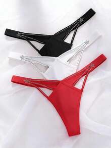 Mystèrelle 3pcs Women's Solid Color Comfortable Knit Fabric Shiny Strap Design Thong Panties - Multicolor - View 4
