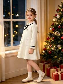 Girls French Style Tweed Dress, Cream Textured Tweed Fabric, Ruffle Collar With Black Satin Bow, Contrast Black Trim Cuffs, Double Pockets With Exquisite Pearl Chain Embellishment, Loose A-Line Silhouette - Apricot - View 10