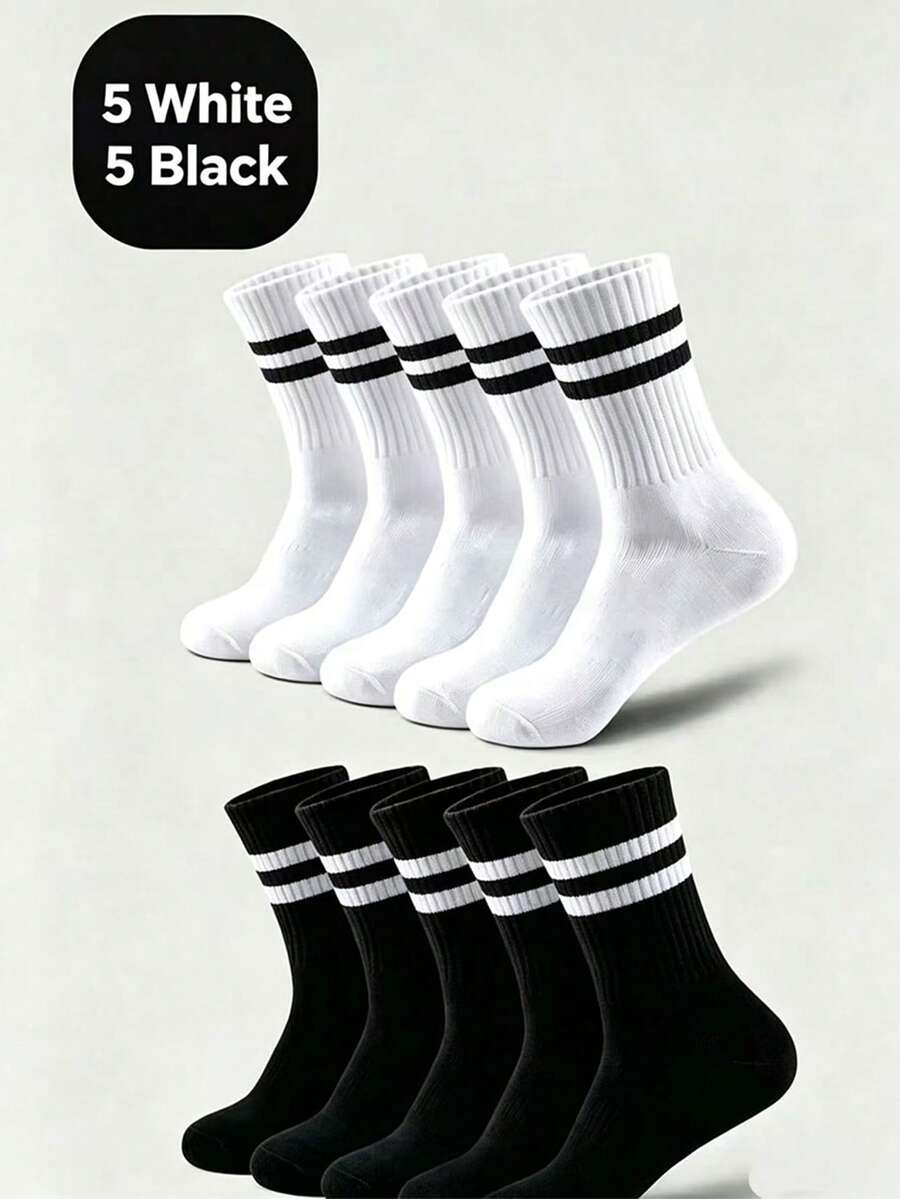 1/5/10 Pairs Black & White Striped Breathable Comfortable Socks, Unisex, Essential For Teens Sports And Back To School - Black and White - View 1