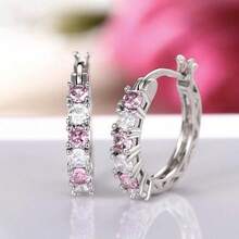 1Pair Sweet Pink Crystal Huggie Hoop Earrings For Women, Sparkling Alternating CZ Round Hoop Earrings, Korean Style Romantic Birthday Jewelry Gift - Hoop Earrings - View 4