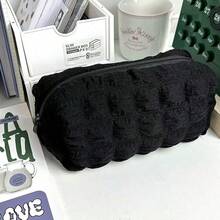 1pc Cloud Ruffled Texture Pencil Case Solid Black White Color Large Capacity Zipper Pen Bag Soft Fluffy Aesthetic Stationery Pouch Portable Multifunctional Cosmetic Makeup Storage Bag Sweet Minimalist School Supplies, Back To School - Pencil Case - View 8