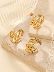 3pcs Stainless Steel Gold-Tone Ring Set, Multi-Layer Open Rings With Gold And Silver Contrast, Varying Lengths, Suitable For Women's Daily Decoration Or Gift, Adjustable Ring Size - Yellow Gold - View 2