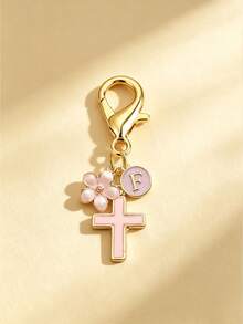 1pc New 26 English Letter Optional Enamel Drip Oil Cross & Cherry Blossom Pendant, Gold Lobster Clasp Detachable Bag Charm, Girls' Portable Key Decoration Small Gift - Pink - View 29