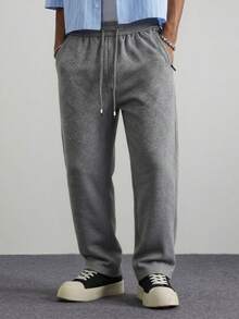 Men's Gray Loose Wide Leg Sweatpants, Casual Lounge Pants, Seam Detail Design, Drawstring Waist, Side Pockets Sports Fall - Dark Grey - View 3