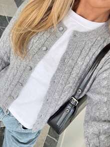 FOR BEAUTY Fall Winter Women Cardigans Y2K Chic Grey Chunky Cable Knit Button Up Crew Neck Slim Sweater Outerwear Daily Office Streetwear Outfits Tops - White Ash - View 1