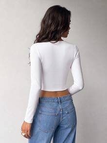 Small White Long Sleeve Cropped Square Neck Slim Fit Basic Casual Top, Spring/Autumn Layering, Slim Fit Streetwear Top - White - View 2