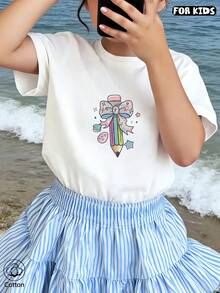 Girls' Summer Short-Sleeve T-Shirt, Fitted T-Shirt, Cotton Knit Fabric, Fashionable Street Style - White - View 8