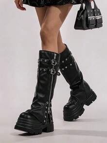 Goth Women's Fold Over Knee High Boots Platform Y2k Punk Thick Sole Belt Buckle Wedges High Heels Motorcycle Ruched Slouchy Boots Fashion Halloween - Black - View 3