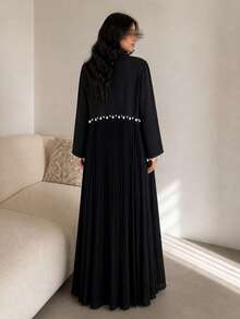 Hafizah Black Beaded Trim Patchwork Pleated Long Abaya Jacket, Loose Draping Flowy Cardigan, Elegant Versatile Daily Wear For Women - Black - View 3