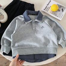 Sweatshirt Kasual Anak Laki-Laki, Gaya Musim Gugur Terbaru, Atasan Kerah Kotak-kotak 2 in 1 untuk Anak, Kemeja Polo Serbaguna, - Grey - View 4