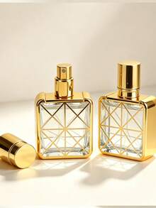 20ml Luxury Gold Plated Perfume Atomizer Bottle, Square Geometric Pattern Empty Refillable Perfume Spray Bottle, Clear Glass Travel Perfume Dispenser, Portable Cosmetic Sample Container For Travel Daily Use - Multicolor - View 2