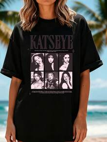 Oversized T-Shirt With Multi-Portrait Art Print, Comfortable Fabric For Concerts And Festivals - Black - View 1