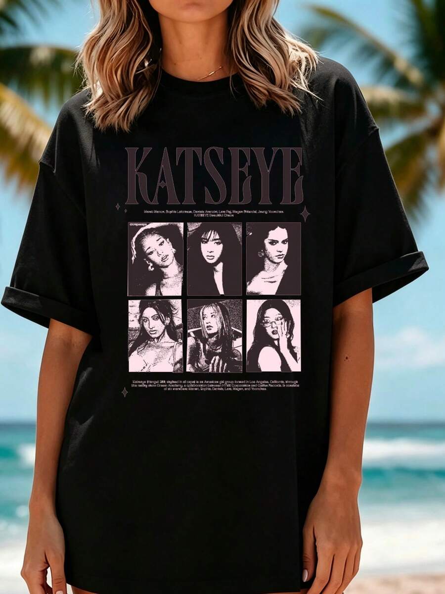 Oversized T-Shirt With Multi-Portrait Art Print, Comfortable Fabric For Concerts And Festivals - Black - View 1