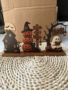 3pcs Halloween Wooden Tabletop Decor Set, Ghost Reading, Haunted House & Stacked Pumpkin Sign Ornaments, Fall Tiered Tray Home Party Decorations - Multicolor - View 7