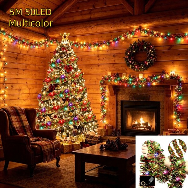1pc Colorful Christmas Wreath Fairy Light String, 5m/50LED Glowing Colorful Tinsel Garland Light String, Battery Powered, Christmas Tree Hanging Decoration, Birthday Wedding Graduation Party Light Decor, Halloween Christmas Indoor Light String, Home Decoration Lighting