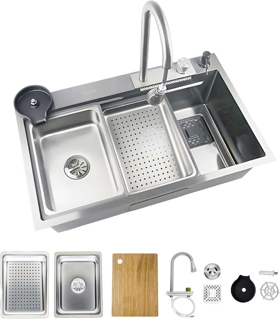 Fregadero Tarja Maxims de Acero Inoxidable Cepillado 75 x 46 cm Calibre 18, Instalación Submontada, Incluye Tabla Monomando y Accesorios Funcionales para Cocina - Plateado Satinado - Ver 1