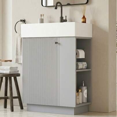 55 Cm Free-Standing Bathroom Sink Cabinet With Ribbed Wood Look, High-Quality Ceramic Sink, Removable Toilet Paper Holder And Well-Thought-Out Storage Space - Without Tap, Gray, 55 X 32 X 87 Cm