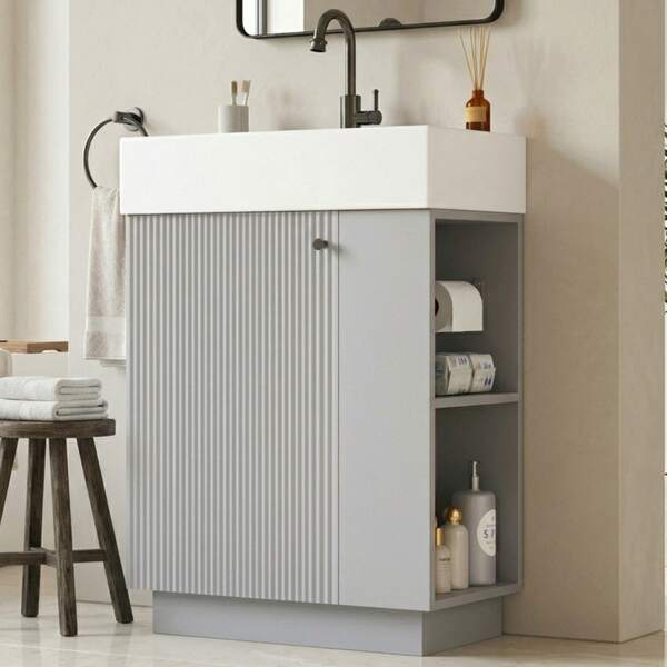 55 Cm Free-Standing Bathroom Sink Cabinet With Ribbed Wood Look, High-Quality Ceramic Sink, Removable Toilet Paper Holder And Well-Thought-Out Storage Space - Without Tap, Gray, 55 X 32 X 87 Cm
