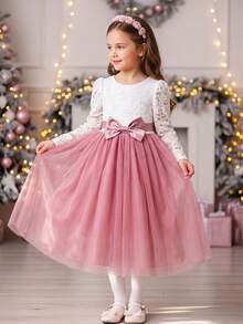 Young Girl Long Sleeve Lace Contrast Mesh Detachable Big Bow Flower Girl Wedding Party Evening Gown - Rusty Rose - View 7