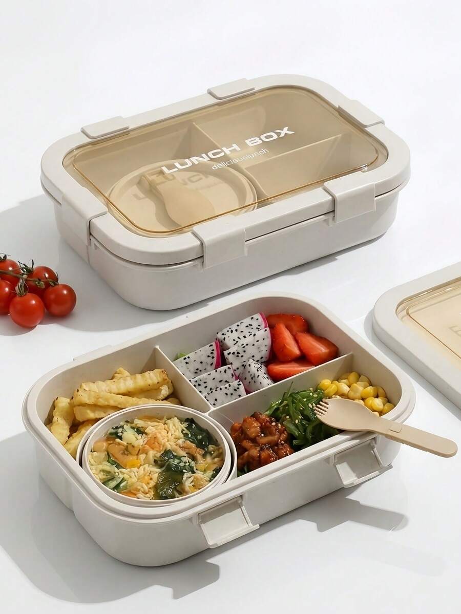 1pc Lunch Box With Soup Bowl (Food Container), Foldable Spoon, Microwave , Dishwasher , Suitable For School, Travel, Picnic, Work (Beige)