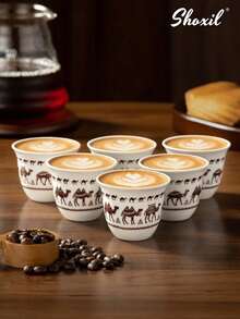 shoxil 1/6pcs Small Ceramic Coffee & Tea Cups, Decorative Camel Print Ceramic Cups, Traditional Arabic Design, Smooth Glazed Drinkware, Suitable For Daily Use, Family Gatherings, Ramadan Events, Home Use And Cultural Gift Giving - Cup - View 3