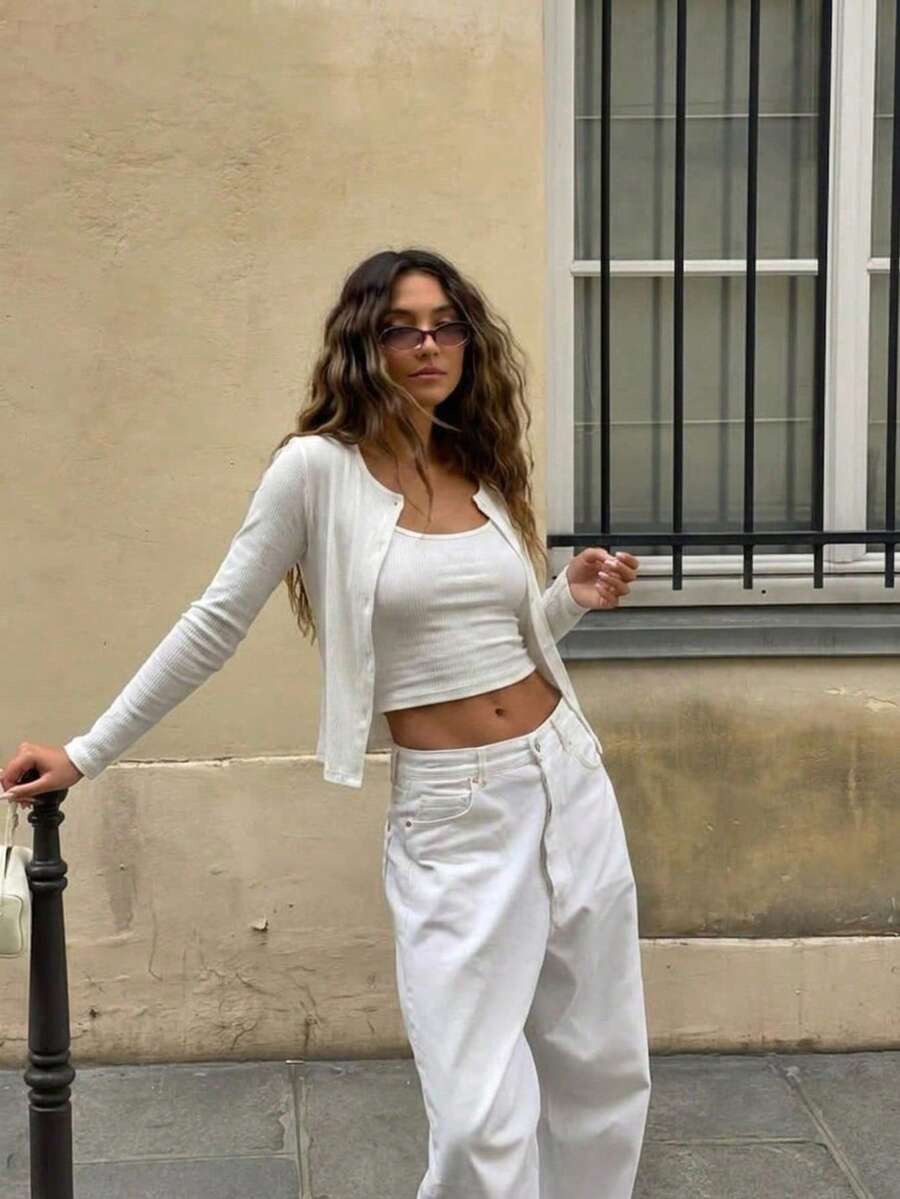 Round Neck Ribbed Button Short Lightweight Knit Cardigan - White - View 1