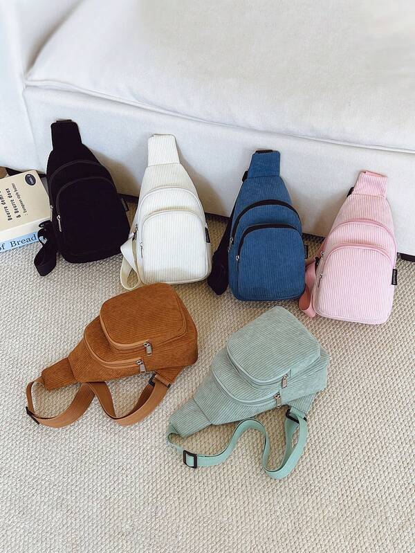 Corduroy Dual Pocket Chest Bag For Women, Vertical Stripe Casual Crossbody Small Bag, Lightweight Versatile Sports Waist Bag, One Shoulder Backpack