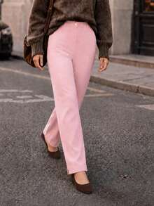Women's Plus Size Mink Trousers With Elasticated Sides, Zipper, And Slit Hem Pants - Pink - View 1