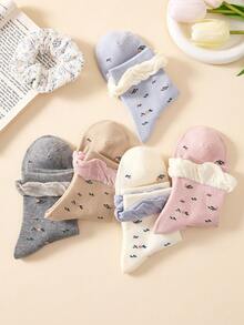 5 Pairs Ins Style Ruffled Ditsy Floral Mid-Calf Socks, Japanese Cute JK Lolita Student Slouch Socks For Girls, Soft And Comfortable, White And Pink, Suitable For Daily Wear And All Seasons - Multicolor - View 11