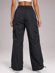 CZRLHYT Women's Solid‑Color Drawstring Cargo Pants With Front‑Tie And Pockets, Simple Casual Style For Outdoor Use, Women's Apparel - Black - View 4