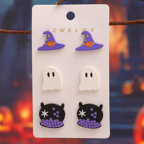 Halloween Shiny Witch Hat & Ghost Design Women's Fashion Earring Set, Perfect Decoration For Holiday Parties