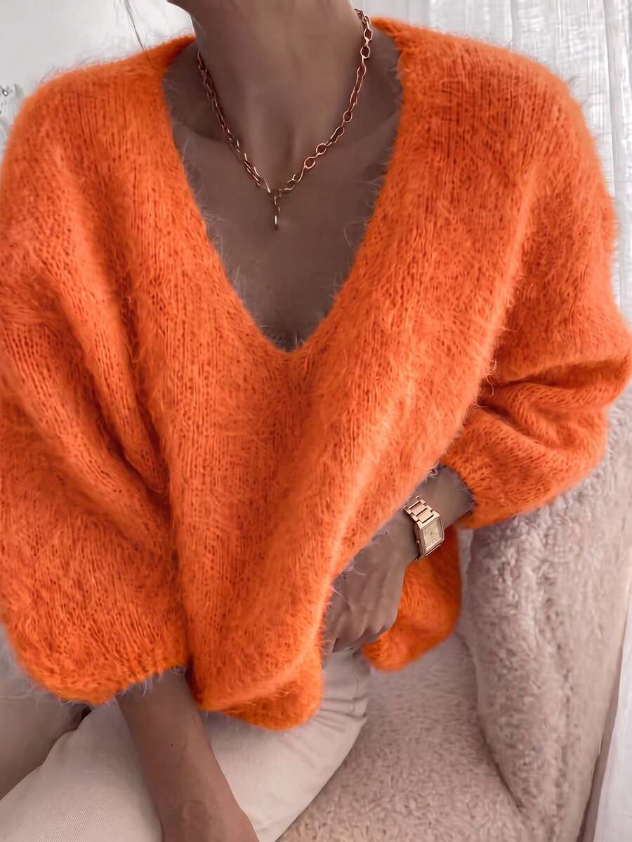 Suéter de punto fino de unicolor con cuello en V - Naranja Quemada - Ver 1