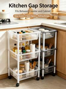 3‑Tier Rolling Storage Trolley, Large‑Capacity Hollow Basket Organizer Rack, Detachable Design, Plastic Material, Rectangular Multi‑Layer Storage Shelf, Mobile Utility Cart Suitable For Kitchen, Bathroom, Bedroom And More - Multicolor - View 4