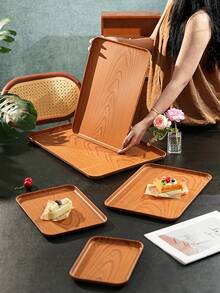 Light Wood Grain Tray, Used For Holding Food, Snacks, Drinks, Breakfast, Coffee, Rectangular Serving Tray, Durable Plastic PP Material - Brown - View 3