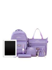 5-Piece Back To School Backpack Set, Classic Basic Style, Large Capacity Multi-Piece Set Backpack + Tote Bag + Crossbody Bag + Pencil Case + Coin Purse, With Laptop Compartment, Casual Fashion Multifunctional Backpack And Wallet - Purple - View 5